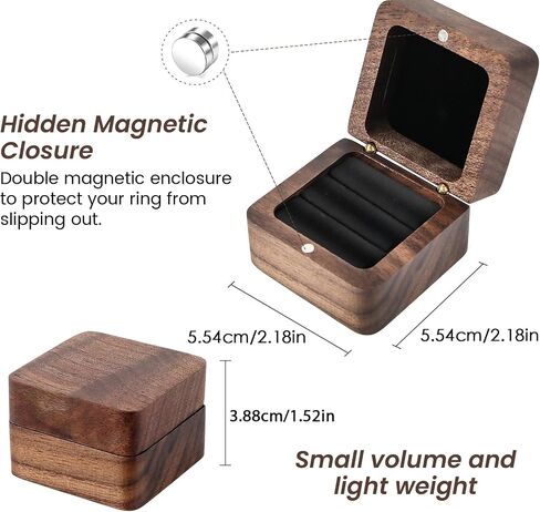 Ring Box, Wooden Ring Box for Wedding Ceremony, Birthday, Engagement Ring Box for Proposal Bearer Box, 2 Slots, Vintage Square Solid Wood Double Ring Holder Case Box (Black) in Saudi Arabia