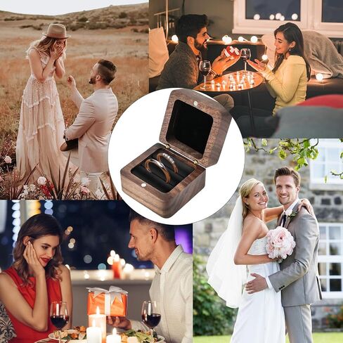 Ring Box, Wooden Ring Box for Wedding Ceremony, Birthday, Engagement Ring Box for Proposal Bearer Box, 2 Slots, Vintage Square Solid Wood Double Ring Holder Case Box (Black) in Saudi Arabia