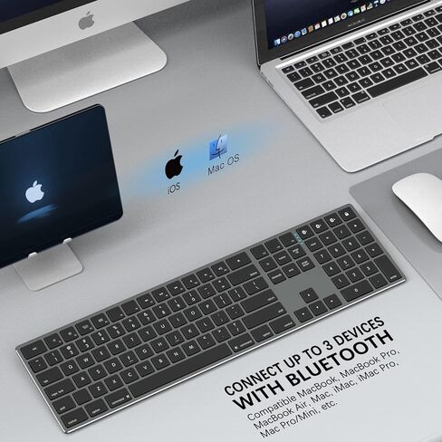 لوحة مفاتيح بلوتوث قابلة لإعادة الشحن من JOYACCESS، لوحة مفاتيح لاسلكية صامتة كاملة الحجم متعددة الأجهزة، قم بالتبديل إلى 3 أجهزة، للكمبيوتر/سطح المكتب/الكمبيوتر المحمول (أسود ورمادي) in Kuwait