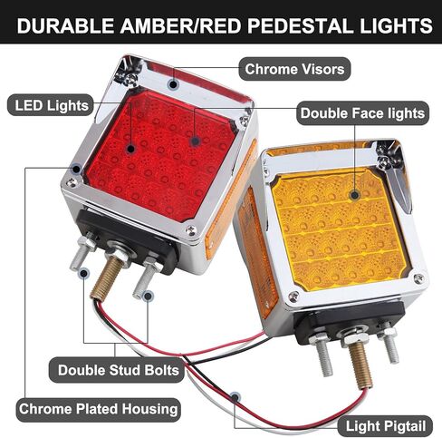 مربع الوجه المزدوج أدى أضواء إشارة بدوره العنبر / الأحمر 52 أدى، الوجه المزدوج أدى مقطورة وقف الذيل بدوره إشارات شاحنة الحاجز أضواء الركيزة 3 ترصيع استبدال لkenworth / بيتربيلت / Freightliner 10V-30V in Kuwait