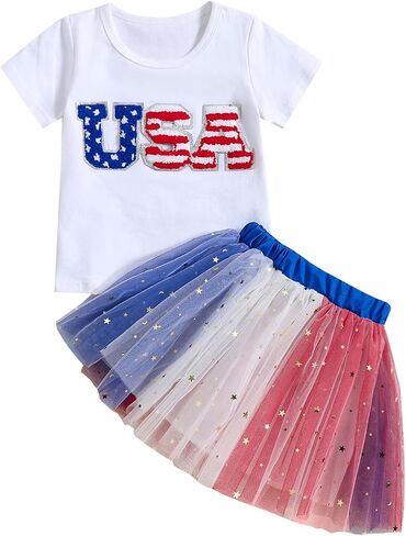Toddler Girl 4th of July Outfit USA Letter Print Short Sleeve Tops with Tulle Skirt Dress Baby Summer Clothes in Saudi Arabia