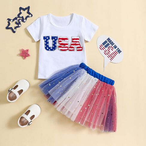 Toddler Girl 4th of July Outfit USA Letter Print Short Sleeve Tops with Tulle Skirt Dress Baby Summer Clothes in Saudi Arabia