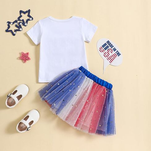 Toddler Girl 4th of July Outfit USA Letter Print Short Sleeve Tops with Tulle Skirt Dress Baby Summer Clothes in Saudi Arabia