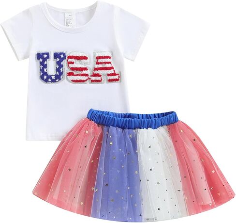 Toddler Girl 4th of July Outfit USA Letter Print Short Sleeve Tops with Tulle Skirt Dress Baby Summer Clothes in Saudi Arabia