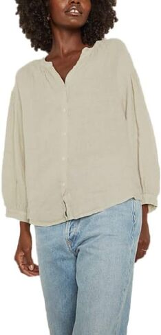 Velvet by Graham & Spencer Women's Matea Woven Linen Button Down V-Neck Blouse in Saudi Arabia