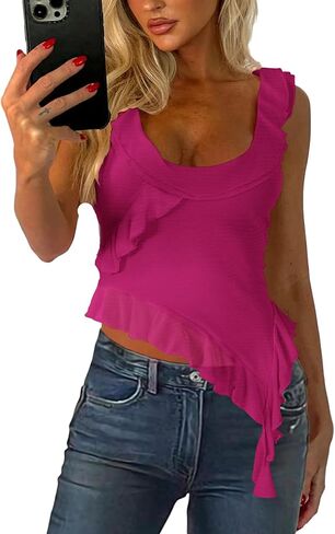 المرأة Y2k الخروج أعلى مثير كشكش شبكة قطع علوية بدون أكمام غير متناظرة لطيف منخفضة قطع الصيف كامي قميص in Kuwait