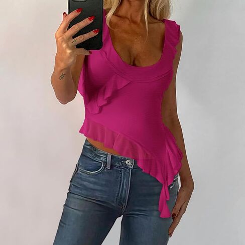 المرأة Y2k الخروج أعلى مثير كشكش شبكة قطع علوية بدون أكمام غير متناظرة لطيف منخفضة قطع الصيف كامي قميص in Kuwait