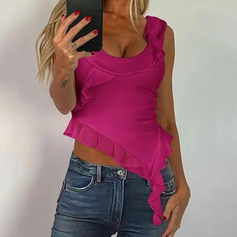 المرأة Y2k الخروج أعلى مثير كشكش شبكة قطع علوية بدون أكمام غير متناظرة لطيف منخفضة قطع الصيف كامي قميص in Kuwait