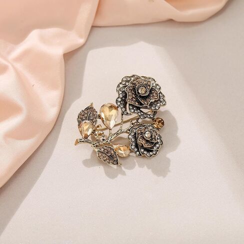 Rhinestone Crystal Costume Rose Brooches Pin for Women, Retro Vintage Art Deco Flower Leaf Brooch Decoration for Party in Saudi Arabia