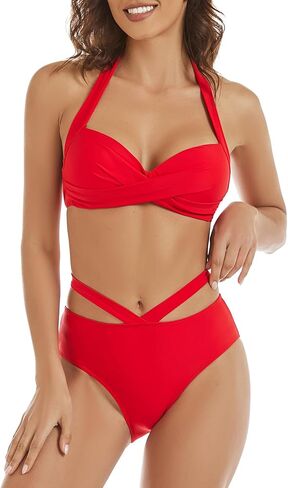 Women Two Piece High Waisted Flounce Bikini Set Off Shoulder Swimsuit Tummy Control Bathing Suits in Saudi Arabia