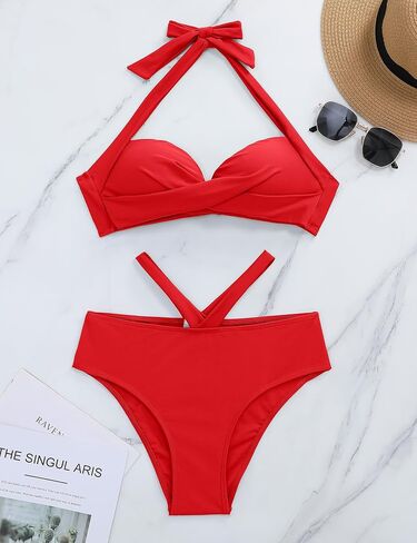 Women Two Piece High Waisted Flounce Bikini Set Off Shoulder Swimsuit Tummy Control Bathing Suits in Saudi Arabia