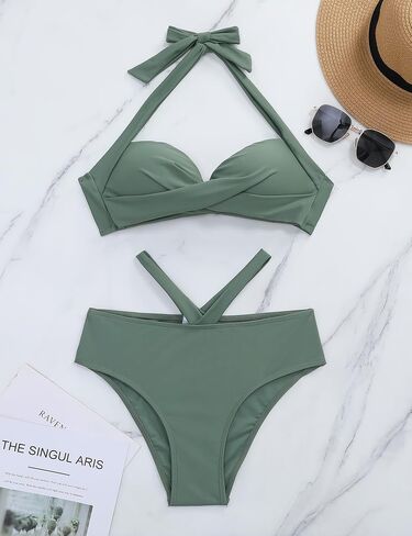 Women Two Piece High Waisted Flounce Bikini Set Off Shoulder Swimsuit Tummy Control Bathing Suits in Saudi Arabia