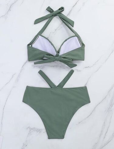 Women Two Piece High Waisted Flounce Bikini Set Off Shoulder Swimsuit Tummy Control Bathing Suits in Saudi Arabia