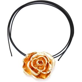 3D Gold Flower Pendant Leather Long Rope Choker Mulit Row Necklace for Women Girls Wedding Banquet Prom Party Dainty Jewelry