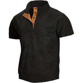 Mens Ribbed Polo Shirt Short Sleeve Button Down Corduroy Tops Casual Retro Golf Shirts for Men
