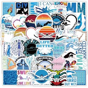 50PCS Swimming Stickers Waterproof Vinyl Swimmer Stickers for Water Bottles Luggage Phone, Asverbet Cute Sport Stickers for Teens Adults Swim Decorations Gifts for Kids