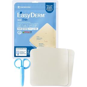 Easyderm ضمادة غرواني مائي رفيعة للجروح الكبيرة مقاس 10.16 سم × 10.16 سم عبوة واحدة (ضمادتان) | ضمادة مقاومة للماء وخالية من اللاتكس وعالية الامتصاص للحروق والبثور والعناية بحب الشباب وشفاء الجروح باستخدام مقص صغير