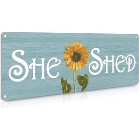 She Shed Decor, Farmhouse Sunflowers Wall Sign for Home Kitchen, Garden, Women Cave, Gift for Girlfriend, Ladies, Tin Metal Signs 16x6