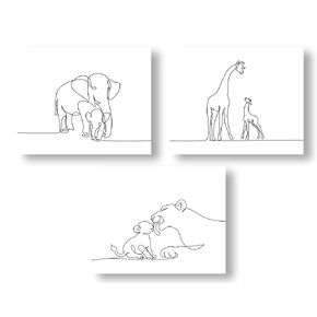 Mother and Baby Safari Animals One Line Wall Art | Black and White Set of Three 8x10 UNFRAMED Prints - Giraffe, Elephant, and Lion Mama and Child Nursery Print Decor