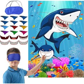 Nezyo 27 Pcs Pin The Fin on The Shark Games Set 12 Pcs Fins Stickers 12 Pcs Teeth Stickers 2 Pcs Blindfolds for Kids Shark Sea Birthday Party Decoration Baby Shower Activities Supplies