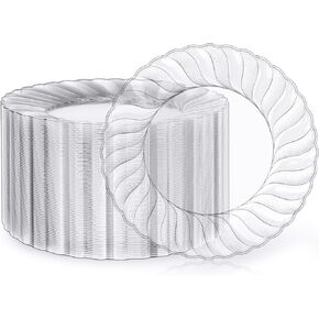 FOCUSLINE 100 Count 6 Inch Clear Plastic Plates, Disposable Heavy Duty Salad Dessert Plates- Premium Hard Plastic Plates Fancy Disposable Clear Plates for Weddings, Parties and Events