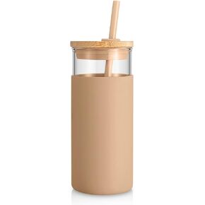 Tronco 20 oz Glass Tumbler Glass Water Bottle Straw Silicone Protective Sleeve Bamboo Lid - BPA Free -Amber