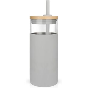 Tronco 20 oz Glass Tumbler Glass Water Bottle Straw Silicone Protective Sleeve Bamboo Lid - BPA Free -Amber