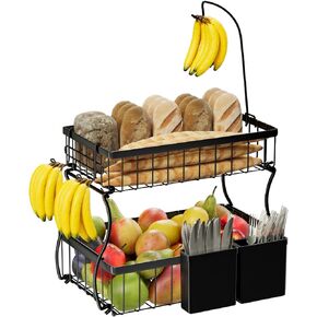 Simple Trending 2 Tier Fruit Bowl Metal with 3 Banana Hooks, Countertop Fruit Vegetable Basket Kitchen Organizer with Storage Box for Bread Snack Veggies Produce, Black