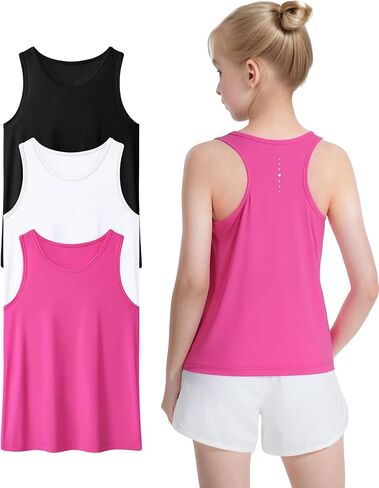Auranso Girls Athletic Tank Tops 3 Pack UPF 50+ Racerback Sleeveless Quick Dry Sports Dance Workout Tops in Saudi Arabia