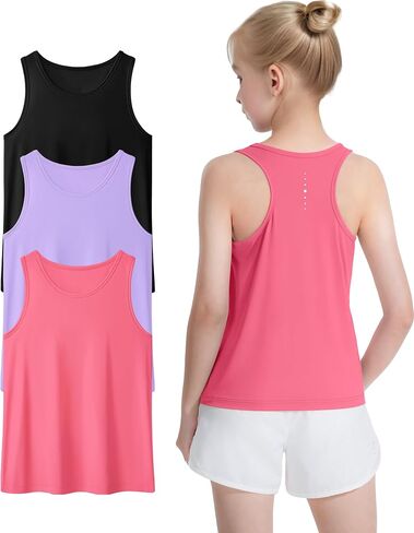 Auranso Girls Athletic Tank Tops 3 Pack UPF 50+ Racerback Sleeveless Quick Dry Sports Dance Workout Tops in Saudi Arabia