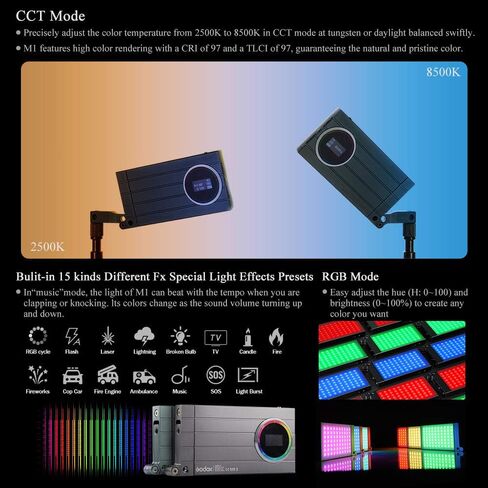 GODOX M1 RGB فيديو ضوء حجم الجيب على الكاميرا بطارية قابلة للشحن ضوء إبداعي 2500-8500K درجة حرارة اللون 0-360 لون كامل لسوني كانون نيكون فوجي DSLR كاميرا فيديو صورة in Saudi Arabia