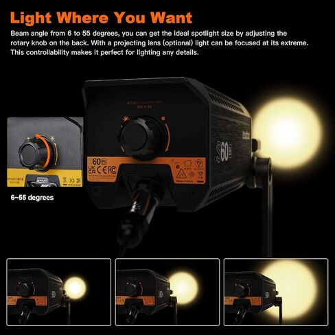 Godox S60Bi-K3 230W مجموعة أضواء LED مركزة، درجة حرارة ثنائية اللون 2800-6500K، CRI≈96، TLCI≈97،11 تأثيرات ضوئية FX لإضاءة الفيديو، تصوير الحياة الساكنة، الصورة، تصوير حفل الزفاف in Saudi Arabia