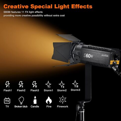 Godox S60Bi-K3 230W مجموعة أضواء LED مركزة، درجة حرارة ثنائية اللون 2800-6500K، CRI≈96، TLCI≈97،11 تأثيرات ضوئية FX لإضاءة الفيديو، تصوير الحياة الساكنة، الصورة، تصوير حفل الزفاف in Saudi Arabia
