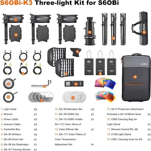 Godox S60Bi-K3 230W مجموعة أضواء LED مركزة، درجة حرارة ثنائية اللون 2800-6500K، CRI≈96، TLCI≈97،11 تأثيرات ضوئية FX لإضاءة الفيديو، تصوير الحياة الساكنة، الصورة، تصوير حفل الزفاف in Saudi Arabia