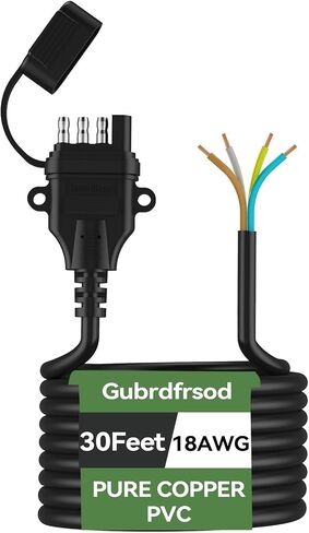 Gubrdfrsod 18AWG 4 Pin Trailer Connector (30Ft) أسلاك المقطورة مع كابل مغلف، موصل مقطورة مسطح 4 اتجاهات مع فتحات تركيب وغطاء غبار، 4 دبابيس أسلاك مقطورة ملونة مرمزة بالنحاس النقي. in Kuwait