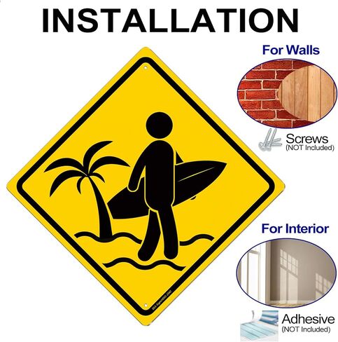 Surfer Crossing Tin Sign - 12× 12 Inch Rust-Free .040 Aluminum Aesthetic Signage Beach Room Decor Aesthetic Beachy Surfboard Wall Decor Beach Sign Surf Room Decor Surfer Girl Room Decor, Weatherproof, UV-Protected, Durable Ink in Saudi Arabia