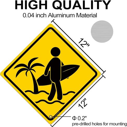 Surfer Crossing Tin Sign - 12× 12 Inch Rust-Free .040 Aluminum Aesthetic Signage Beach Room Decor Aesthetic Beachy Surfboard Wall Decor Beach Sign Surf Room Decor Surfer Girl Room Decor, Weatherproof, UV-Protected, Durable Ink in Saudi Arabia