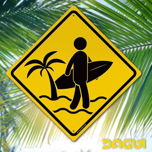 Surfer Crossing Tin Sign - 12× 12 Inch Rust-Free .040 Aluminum Aesthetic Signage Beach Room Decor Aesthetic Beachy Surfboard Wall Decor Beach Sign Surf Room Decor Surfer Girl Room Decor, Weatherproof, UV-Protected, Durable Ink in Saudi Arabia