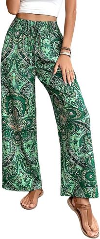 Paisley Flowy Flared Pants for Women Floral Print Pleated Elastic Waist Wide Leg Lounge Pants in Saudi Arabia