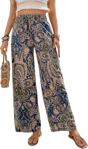 Paisley Flowy Flared Pants for Women Floral Print Pleated Elastic Waist Wide Leg Lounge Pants in Saudi Arabia