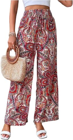 Paisley Flowy Flared Pants for Women Floral Print Pleated Elastic Waist Wide Leg Lounge Pants in Saudi Arabia