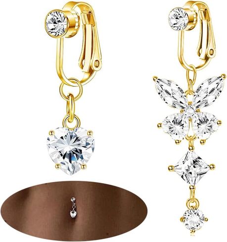 2Pcs Gold Fake Belly Piercing Fake Belly Ring for Women Pink Cute Fake Belly Button Piercing Clip On Belly Button Rings Fake Navel Ring Non Piercing in Saudi Arabia
