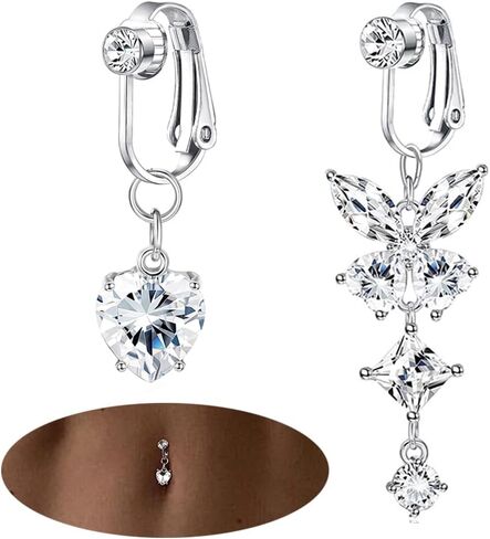 2Pcs Gold Fake Belly Piercing Fake Belly Ring for Women Pink Cute Fake Belly Button Piercing Clip On Belly Button Rings Fake Navel Ring Non Piercing in Saudi Arabia