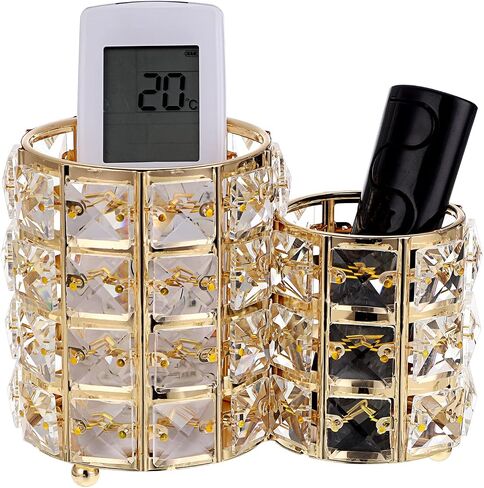 BTSKY Crystal Remote Control Holder 2 Slots Desktop Organizer Multi-Function Desk Stationery Storage Box Decorative Storage Caddy for TV Controllers Office Stationery Makeup Brushes (Round, Gold) in Saudi Arabia