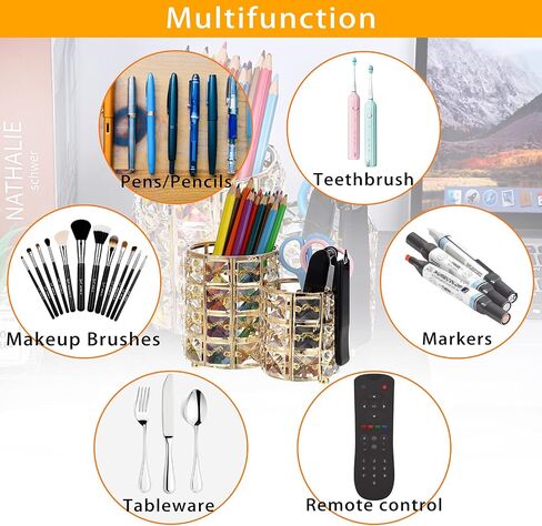 BTSKY Crystal Remote Control Holder 2 Slots Desktop Organizer Multi-Function Desk Stationery Storage Box Decorative Storage Caddy for TV Controllers Office Stationery Makeup Brushes (Round, Gold) in Saudi Arabia