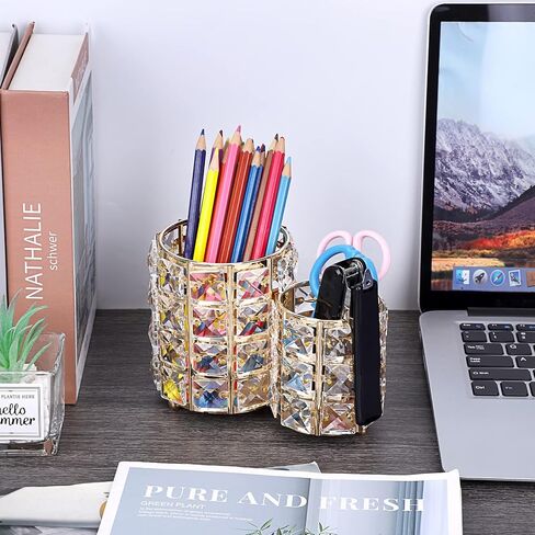 BTSKY Crystal Remote Control Holder 2 Slots Desktop Organizer Multi-Function Desk Stationery Storage Box Decorative Storage Caddy for TV Controllers Office Stationery Makeup Brushes (Round, Gold) in Saudi Arabia