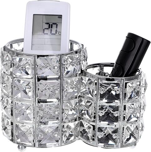 BTSKY Crystal Remote Control Holder 2 Slots Desktop Organizer Multi-Function Desk Stationery Storage Box Decorative Storage Caddy for TV Controllers Office Stationery Makeup Brushes (Round, Gold) in Saudi Arabia