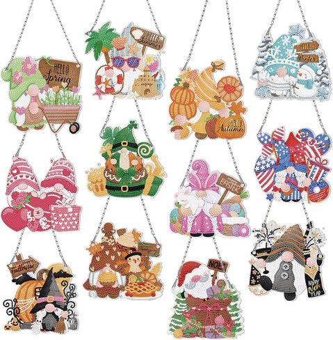 GlikCeil 12 Pcs Seasonal Gnome Diamond Art Kits Diamond Gnome Hanging Signs 5d DIY Diamond Art Tools Diamond Art Ornaments Diamond Art Gnomes Wreath Kits for Mother's Day Summer Holiday Decoration in Saudi Arabia