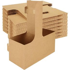 50 Pack 4 Cup Drink Carrier with Handle, Kraft Paperboard Drink Carriers 20 oz to Go Coffee Cup Holder, Paper Cup Holder for Restaurants Food Delivery