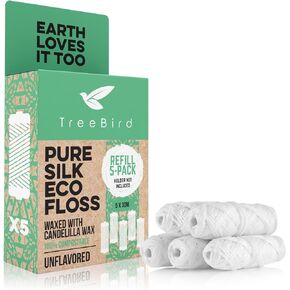 Unflavored Compostable Dental Floss Refills | Pack of 5 x 33yds Organic Peace Silk Spools | for a Refillable Glass & Stainless Steel Holder | Waxed with Natural Candelilla Wax